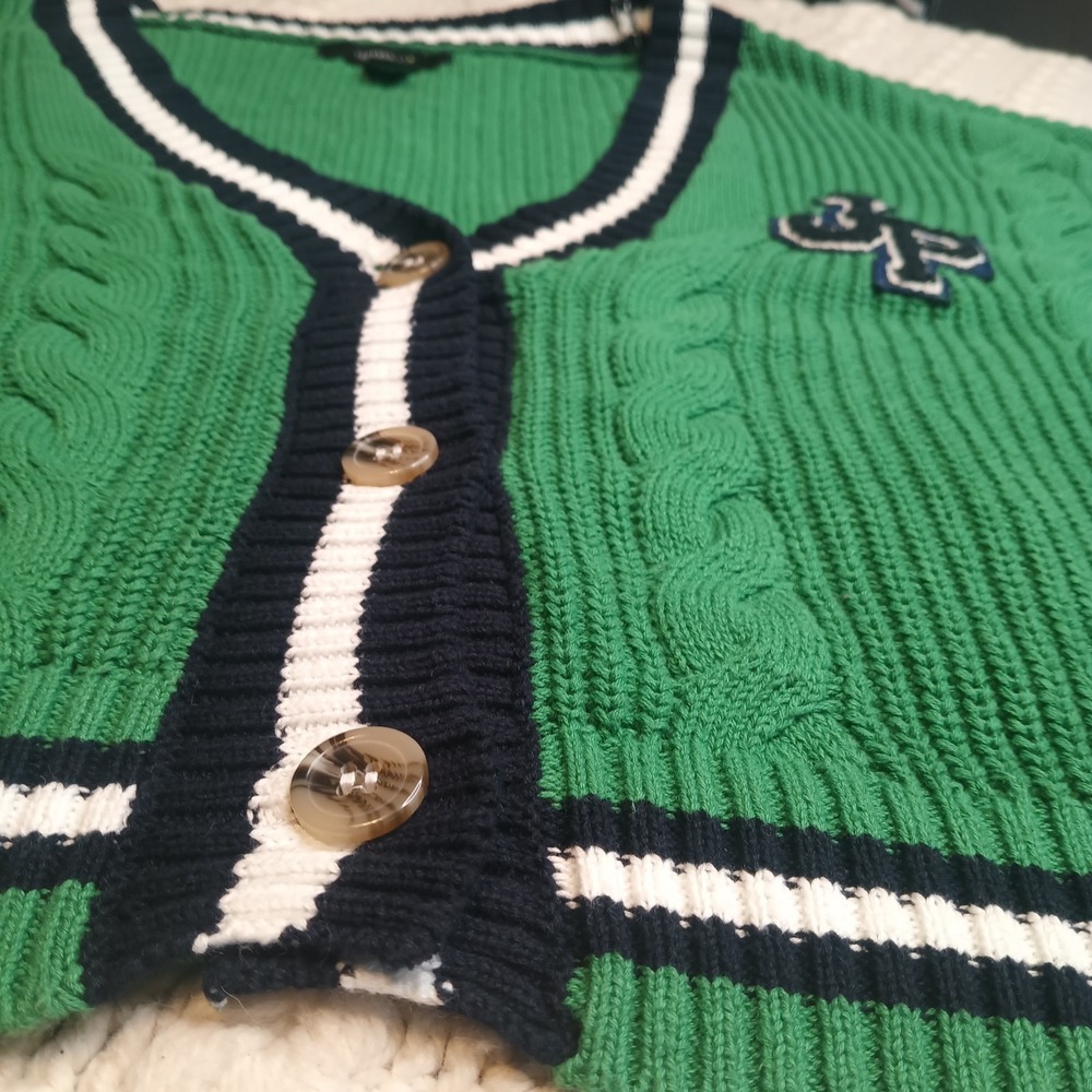 Forever 21 Green Cable Knit 1X Sweater Stripe Academia Varsity‎ Cardigan Prep - Picture 3 of 12